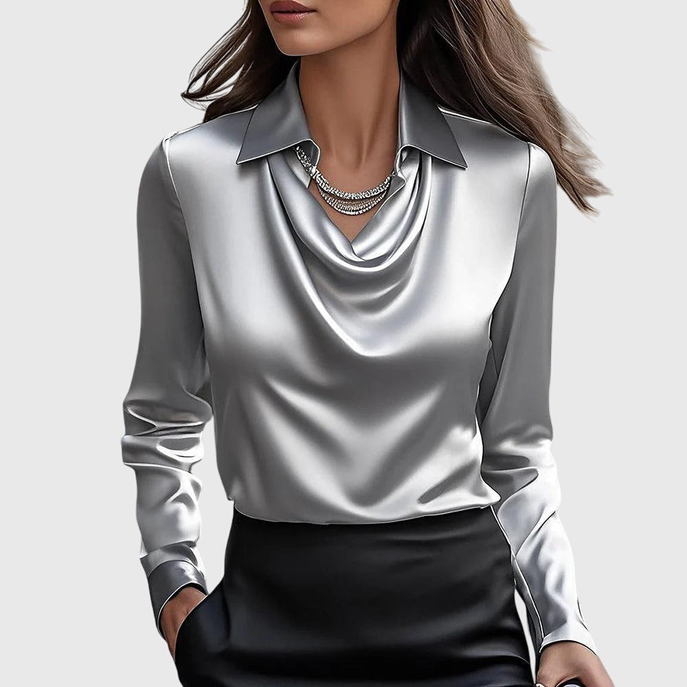 Edith - Women's Long Sleeve Collared Cowl Neck Satin Blouse with Cuffs