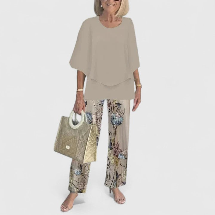 Eden - Women's 3/4 Sleeve Round Neck Top and Floral Wide Leg Pant Set