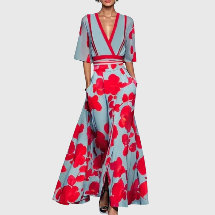 Brielle - Women's Floral V-Neck Wrap Belted Maxi Dress with 3/4 Sleeve