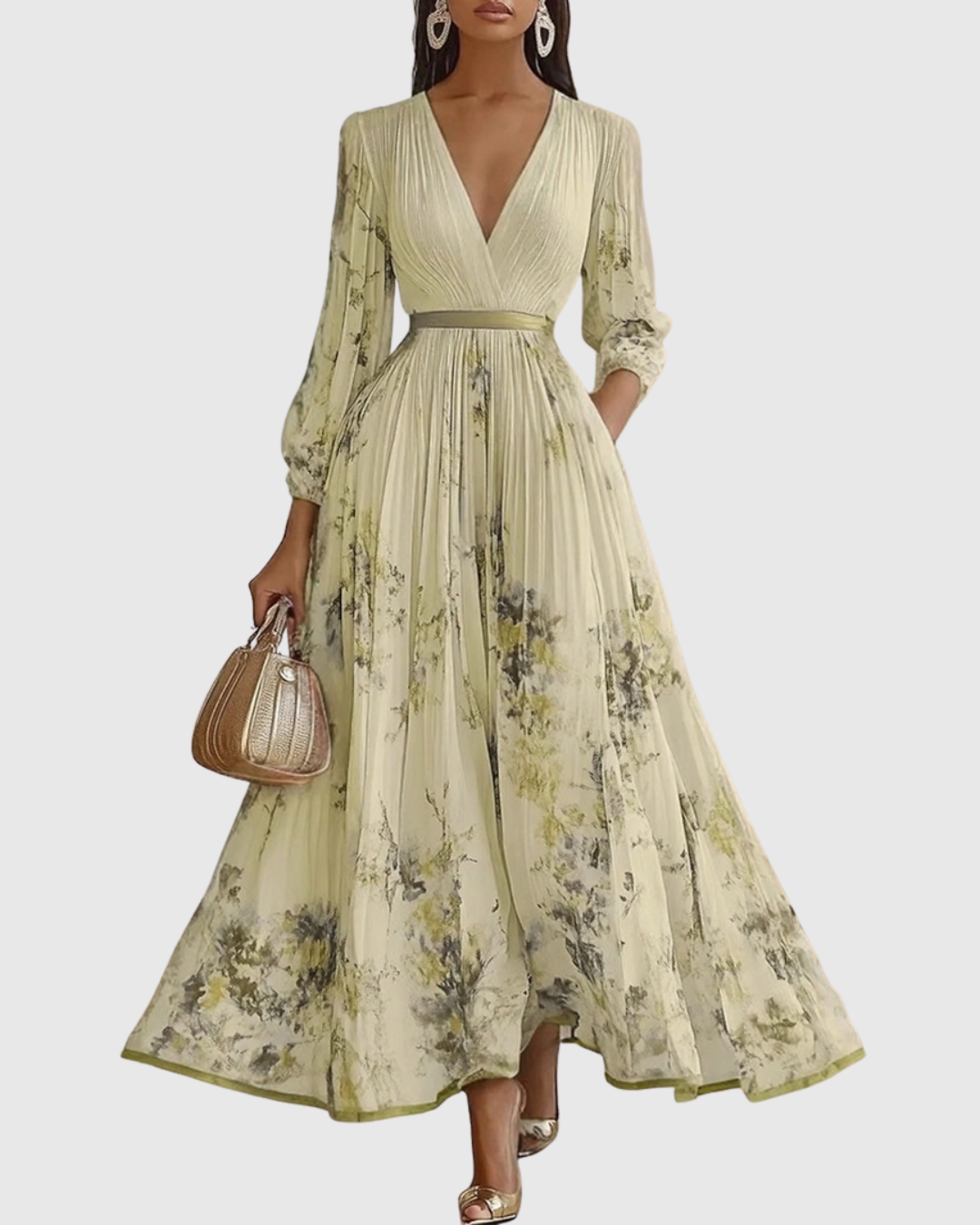 Carlotta - Women's Floral V-Neck Pleated Tiered A-Line Maxi Dress
