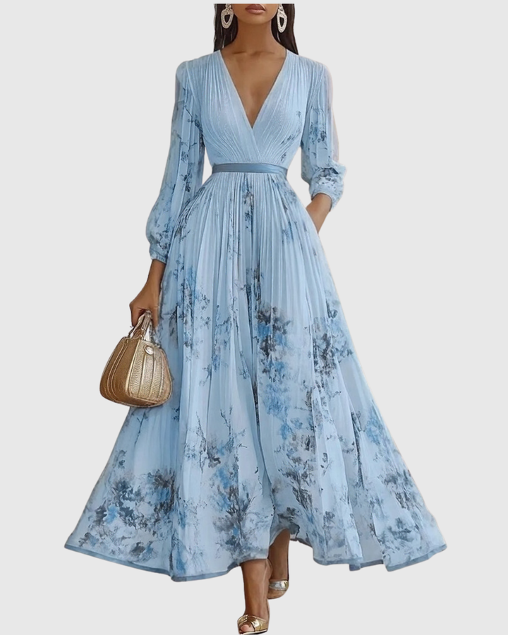 Carlotta - Women's Floral V-Neck Pleated Tiered A-Line Maxi Dress