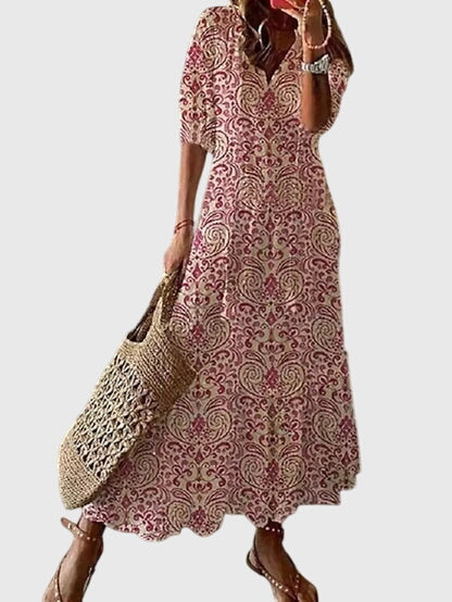 Cassia - Women's Boho V-Neck Short Sleeve Tiered Summer Maxi Dress