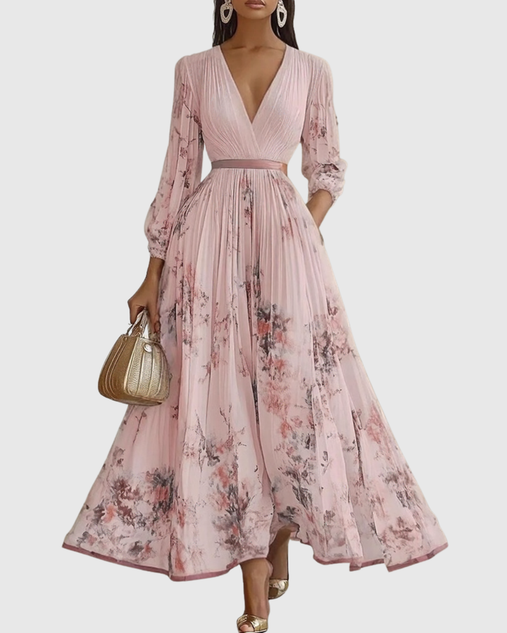 Carlotta - Women's Floral V-Neck Pleated Tiered A-Line Maxi Dress