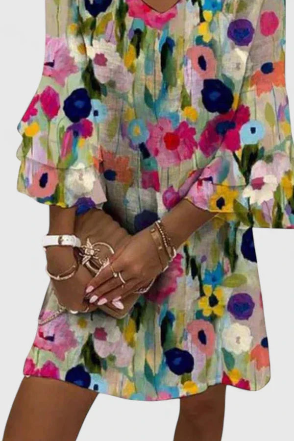 Brooke - Women's Floral V-Neck Ruffle 3/4 Sleeve A-Line Mini Dress