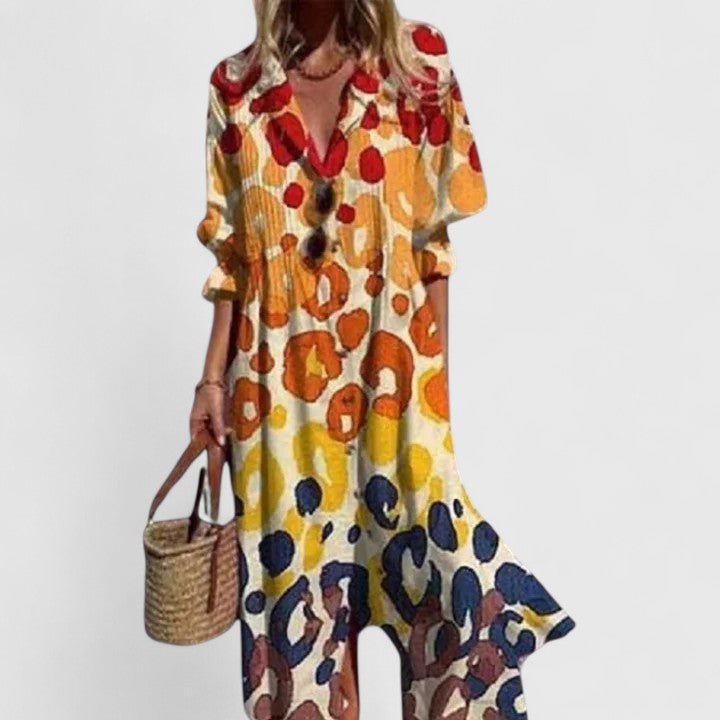 Aubrey - Women's Boho Floral V-Neck Long Sleeve Maxi Shirt Dress