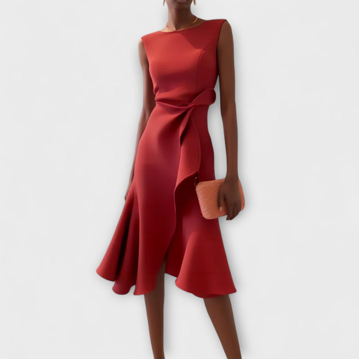 Camila - Women's Sleeveless Boat Neck Asymmetric Ruffle Midi Dress