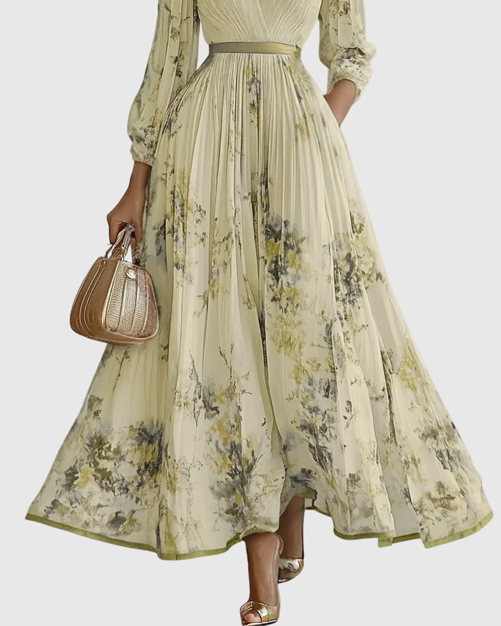 Carlotta - Women's Floral V-Neck Pleated Tiered A-Line Maxi Dress