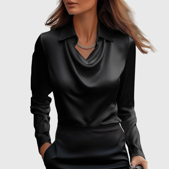 Edith - Women's Long Sleeve Collared Cowl Neck Satin Blouse with Cuffs