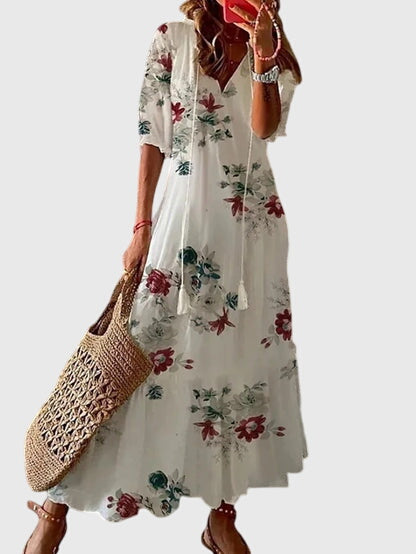 Cassia - Women's Boho V-Neck Short Sleeve Tiered Summer Maxi Dress