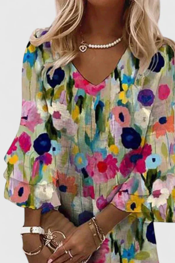 Brooke - Women's Floral V-Neck Ruffle 3/4 Sleeve A-Line Mini Dress