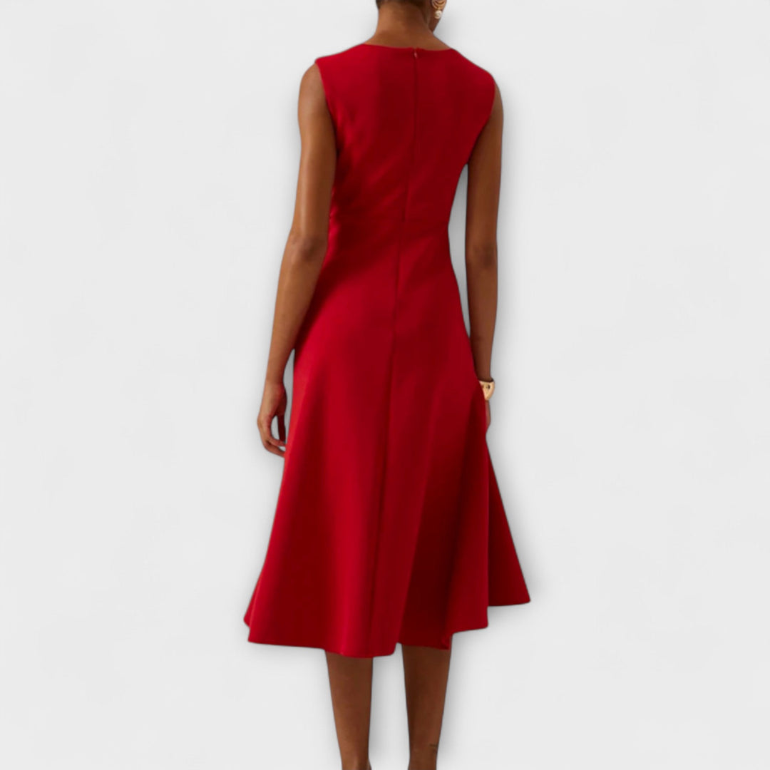 Camila - Women's Sleeveless Boat Neck Asymmetric Ruffle Midi Dress