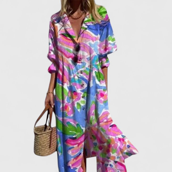 Aubrey - Women's Boho Floral V-Neck Long Sleeve Maxi Shirt Dress