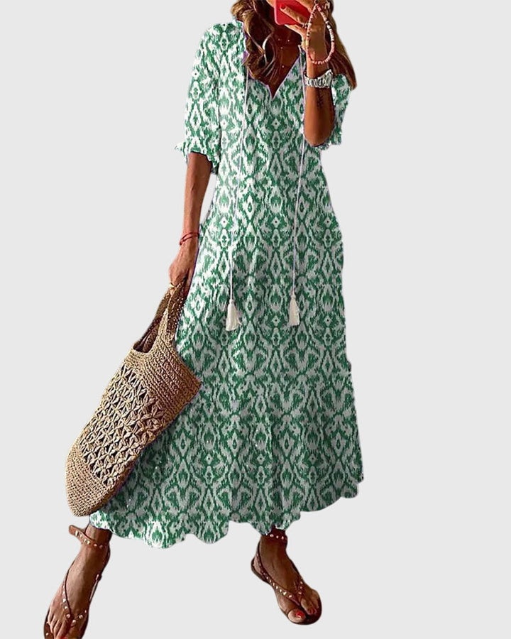 Cassia - Women's Boho V-Neck Short Sleeve Tiered Summer Maxi Dress