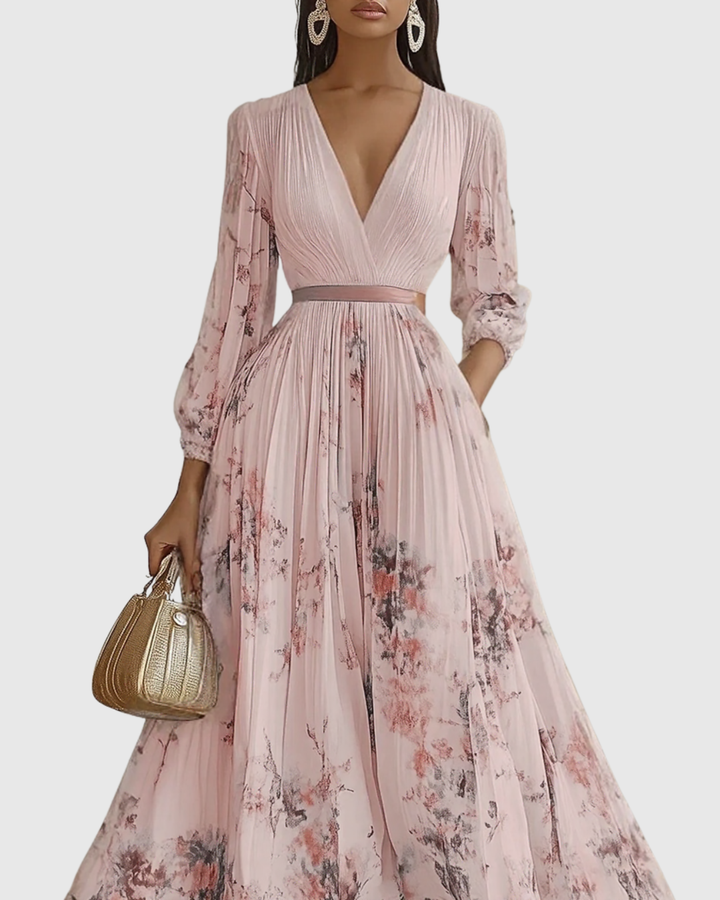 Carlotta - Women's Floral V-Neck Pleated Tiered A-Line Maxi Dress