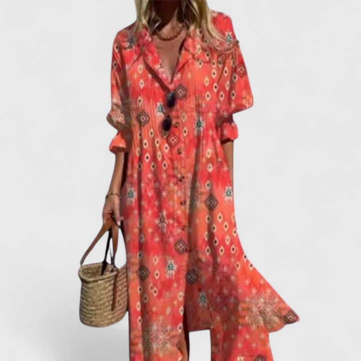 Aubrey - Women's Boho Floral V-Neck Long Sleeve Maxi Shirt Dress