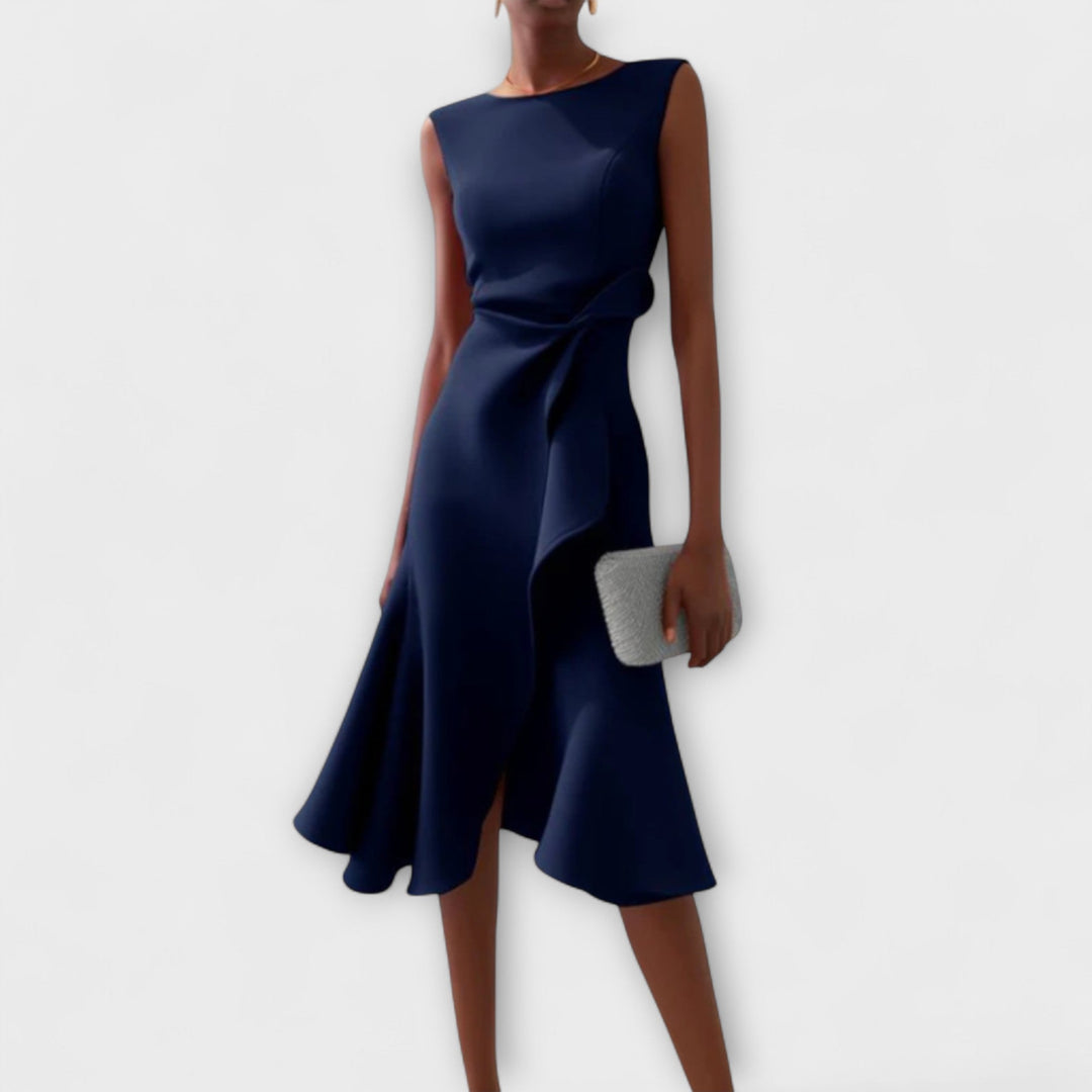 Camila - Women's Sleeveless Boat Neck Asymmetric Ruffle Midi Dress