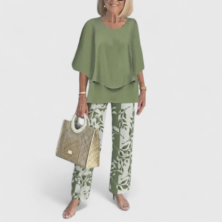 Eden - Women's 3/4 Sleeve Round Neck Top and Floral Wide Leg Pant Set