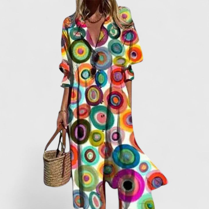 Aubrey - Women's Boho Floral V-Neck Long Sleeve Maxi Shirt Dress
