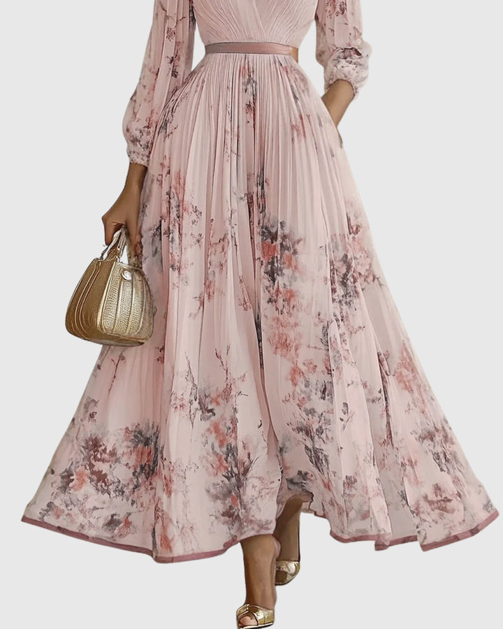 Carlotta - Women's Floral V-Neck Pleated Tiered A-Line Maxi Dress