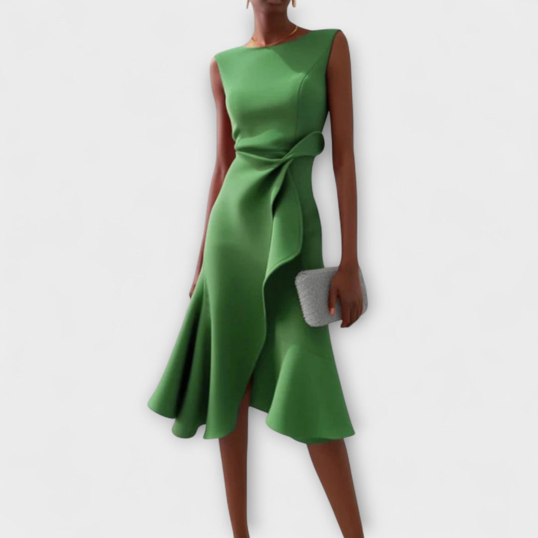 Camila - Women's Sleeveless Boat Neck Asymmetric Ruffle Midi Dress