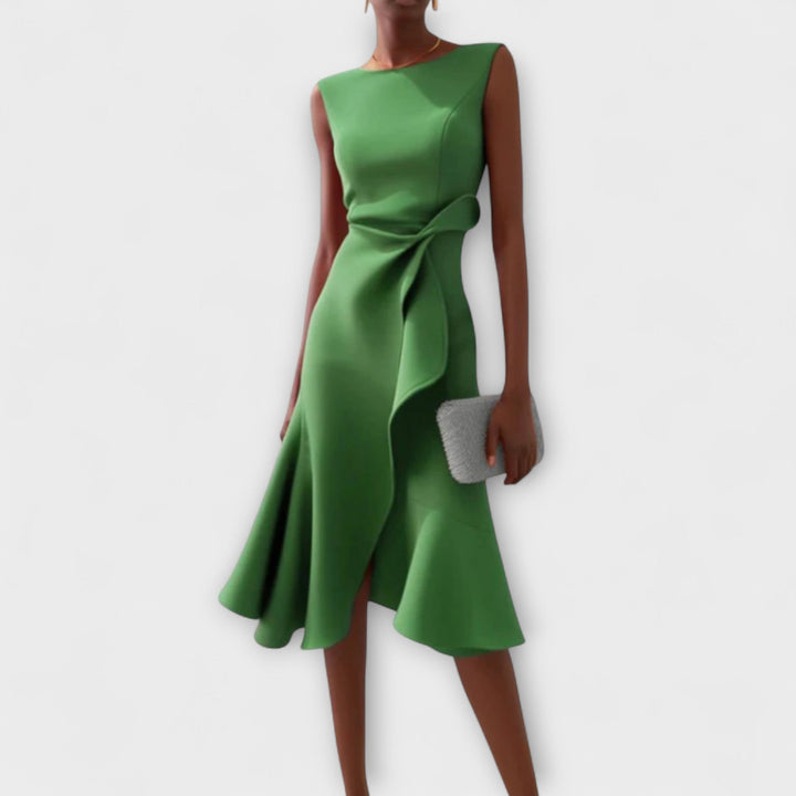 Camila - Women's Sleeveless Boat Neck Asymmetric Ruffle Midi Dress