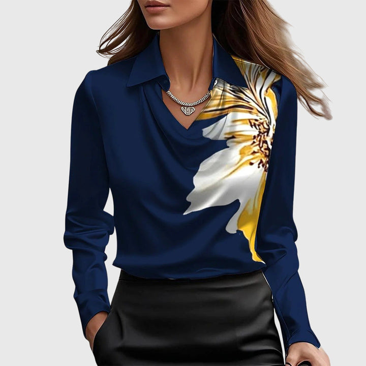Edith - Women's Long Sleeve Collared Cowl Neck Satin Blouse with Cuffs