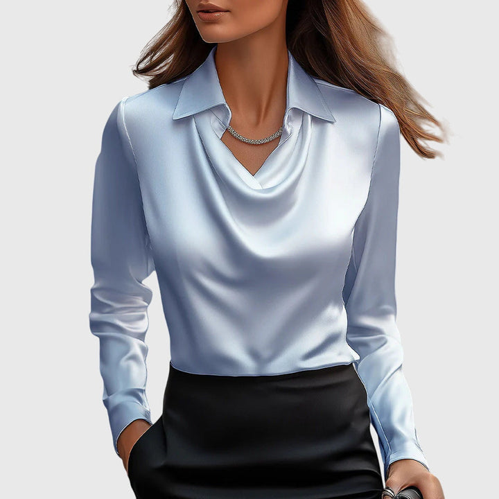 Edith - Women's Long Sleeve Collared Cowl Neck Satin Blouse with Cuffs