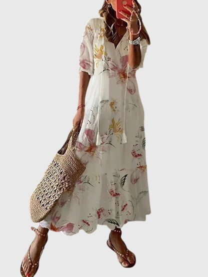 Cassia - Women's Boho V-Neck Short Sleeve Tiered Summer Maxi Dress