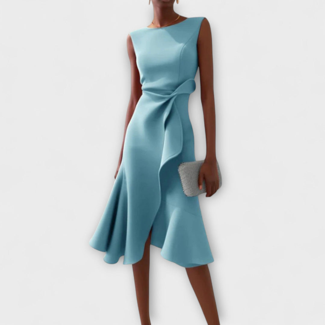 Camila - Women's Sleeveless Boat Neck Asymmetric Ruffle Midi Dress