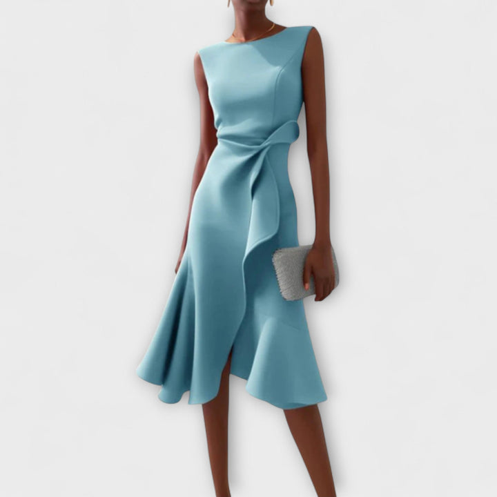 Camila - Women's Sleeveless Boat Neck Asymmetric Ruffle Midi Dress
