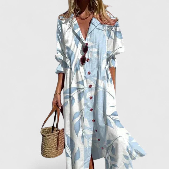 Aubrey - Women's Boho Floral V-Neck Long Sleeve Maxi Shirt Dress