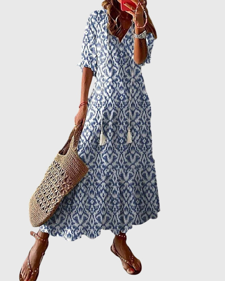 Cassia - Women's Boho V-Neck Short Sleeve Tiered Summer Maxi Dress