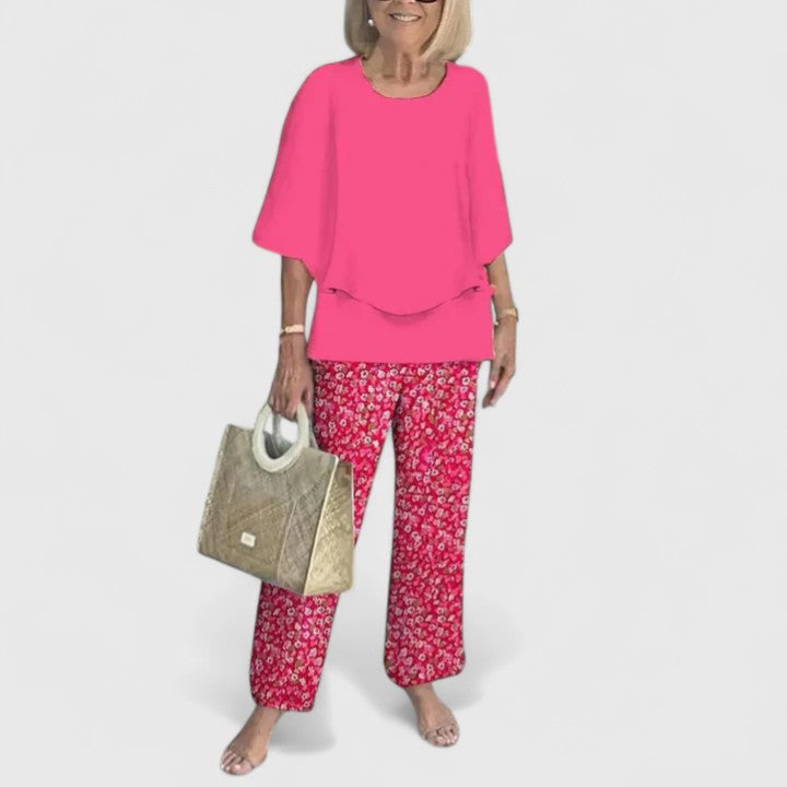 Eden - Women's 3/4 Sleeve Round Neck Top and Floral Wide Leg Pant Set