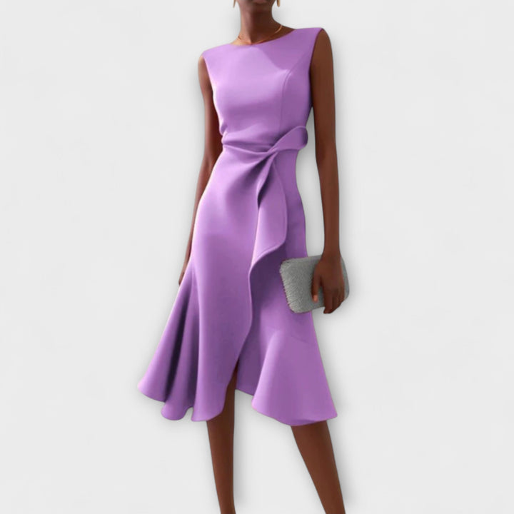 Camila - Women's Sleeveless Boat Neck Asymmetric Ruffle Midi Dress