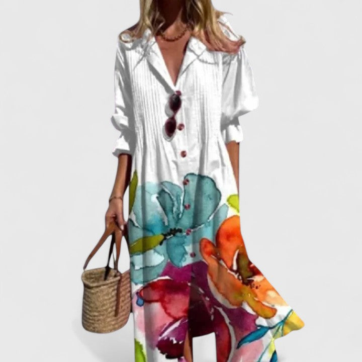 Aubrey - Women's Boho Floral V-Neck Long Sleeve Maxi Shirt Dress