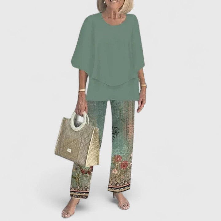 Eden - Women's 3/4 Sleeve Round Neck Top and Floral Wide Leg Pant Set