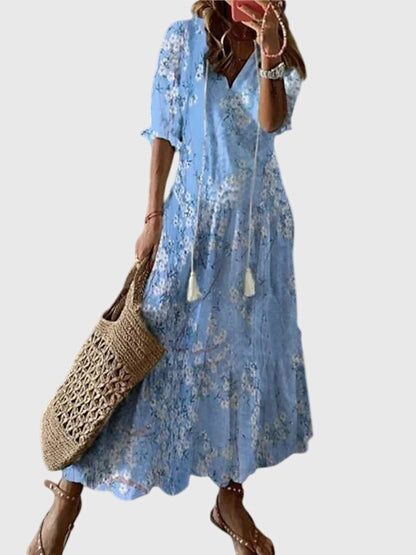Cassia - Women's Boho V-Neck Short Sleeve Tiered Summer Maxi Dress