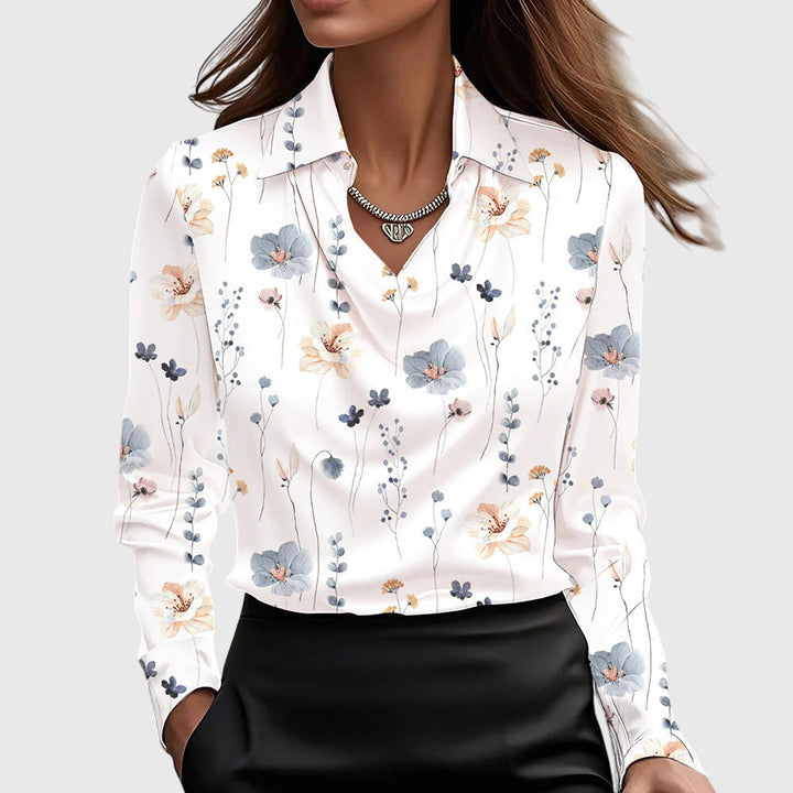 Edith - Women's Long Sleeve Collared Cowl Neck Satin Blouse with Cuffs