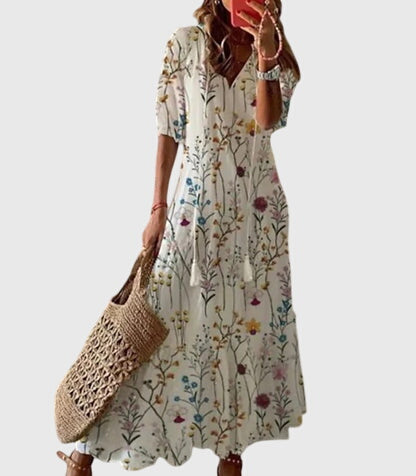 Cassia - Women's Boho V-Neck Short Sleeve Tiered Summer Maxi Dress