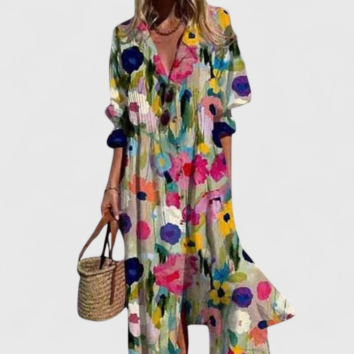 Aubrey - Women's Boho Floral V-Neck Long Sleeve Maxi Shirt Dress