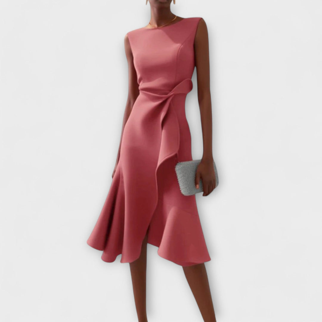 Camila - Women's Sleeveless Boat Neck Asymmetric Ruffle Midi Dress