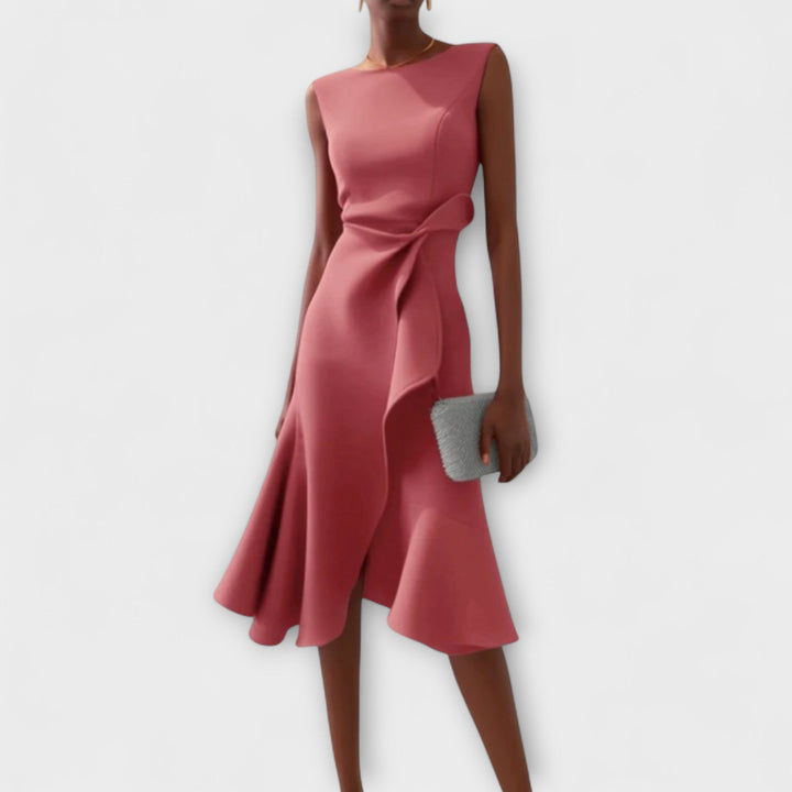 Camila - Women's Sleeveless Boat Neck Asymmetric Ruffle Midi Dress