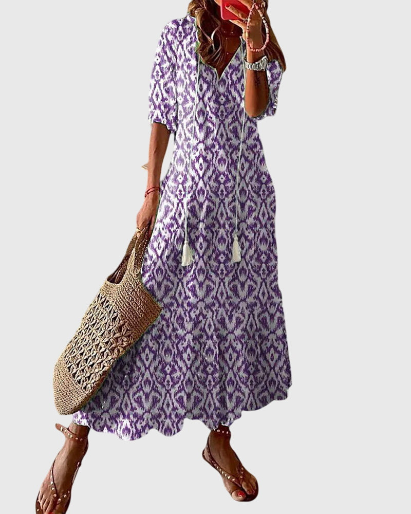 Cassia - Women's Boho V-Neck Short Sleeve Tiered Summer Maxi Dress