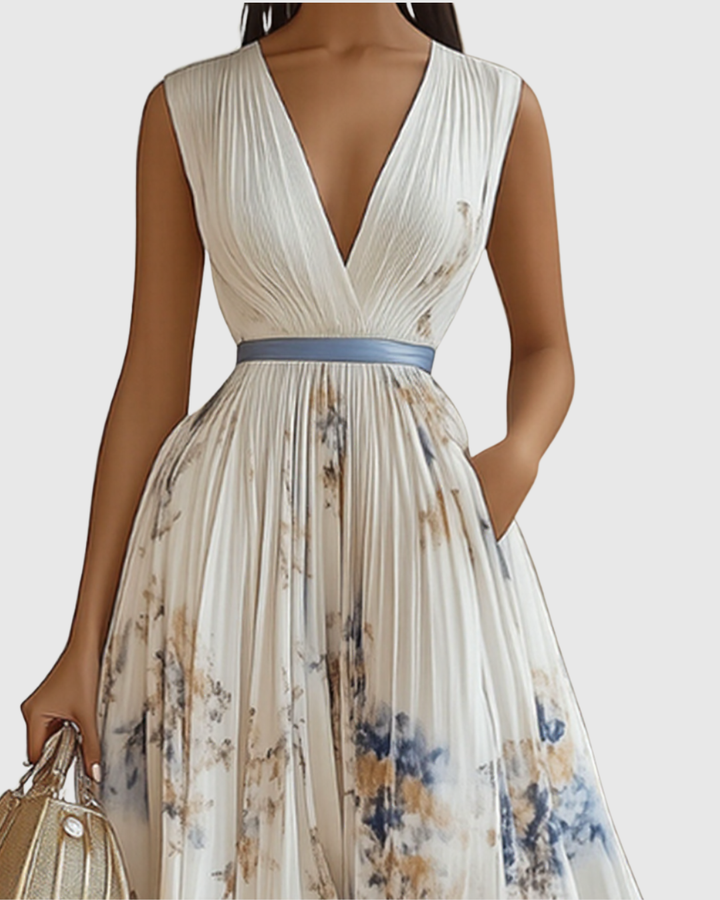Carlotta - Women's Floral V-Neck Pleated Tiered A-Line Maxi Dress