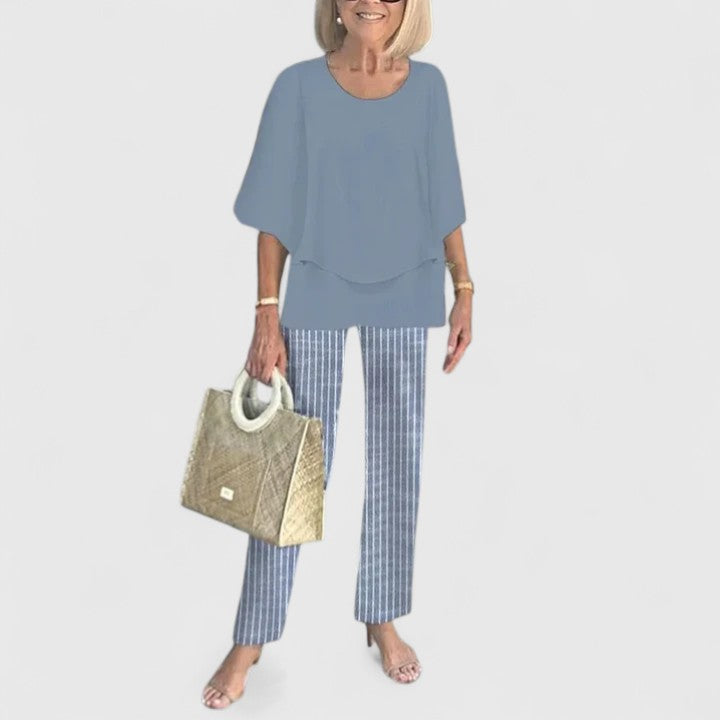Eden - Women's 3/4 Sleeve Round Neck Top and Floral Wide Leg Pant Set