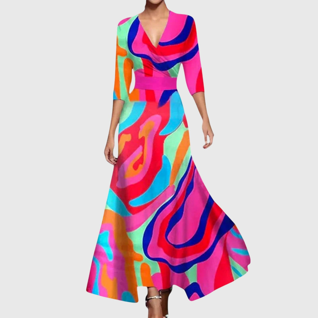 Brielle - Women's Floral V-Neck Wrap Belted Maxi Dress with 3/4 Sleeve