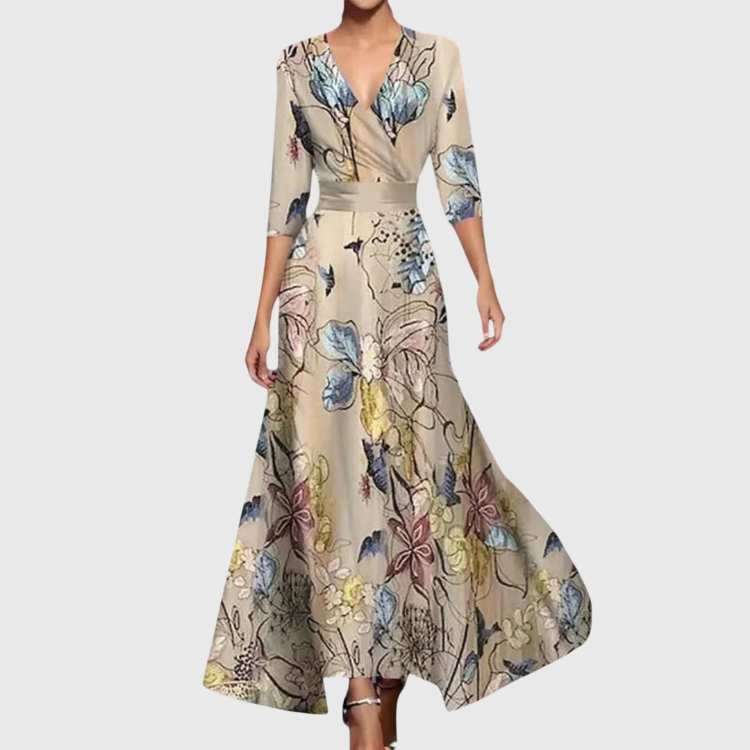Brielle - Women's Floral V-Neck Wrap Belted Maxi Dress with 3/4 Sleeve