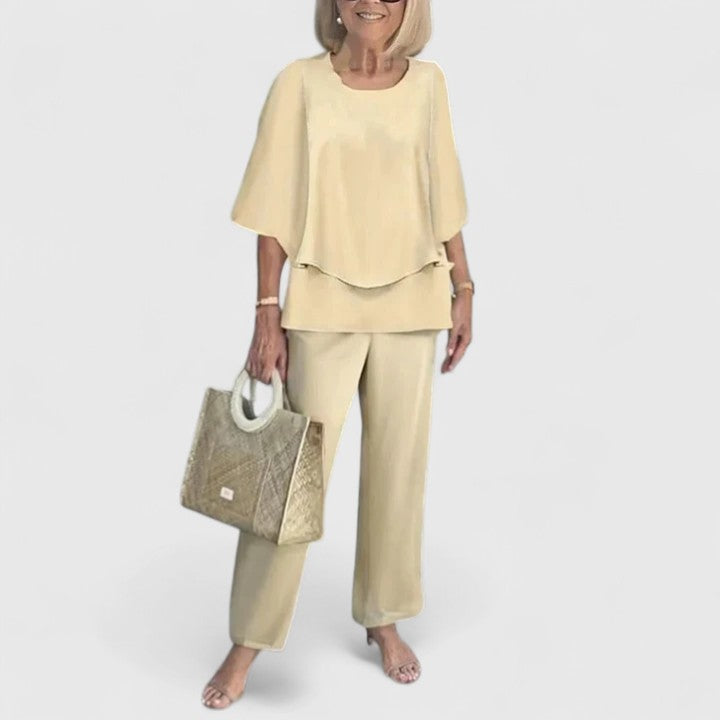 Eden - Women's 3/4 Sleeve Round Neck Top and Floral Wide Leg Pant Set