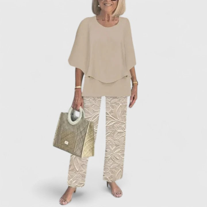 Eden - Women's 3/4 Sleeve Round Neck Top and Floral Wide Leg Pant Set