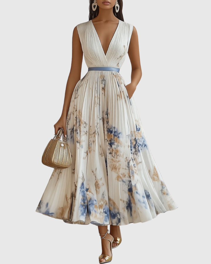 Carlotta - Women's Floral V-Neck Pleated Tiered A-Line Maxi Dress